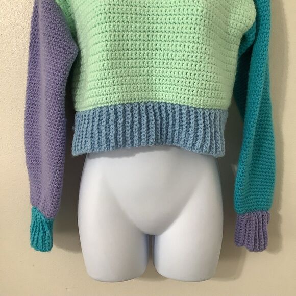 Handmade Knitted Pastel Color Block Preppy Autumn Fall Knit Collared Sweater XS - Picture 3 of 8
